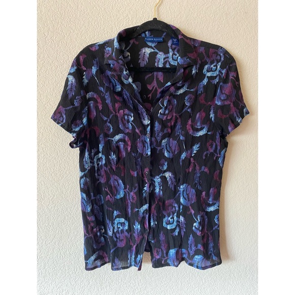 Karen Scott Tops - Karen Scott Black and Purple Floral Button Down Shirt